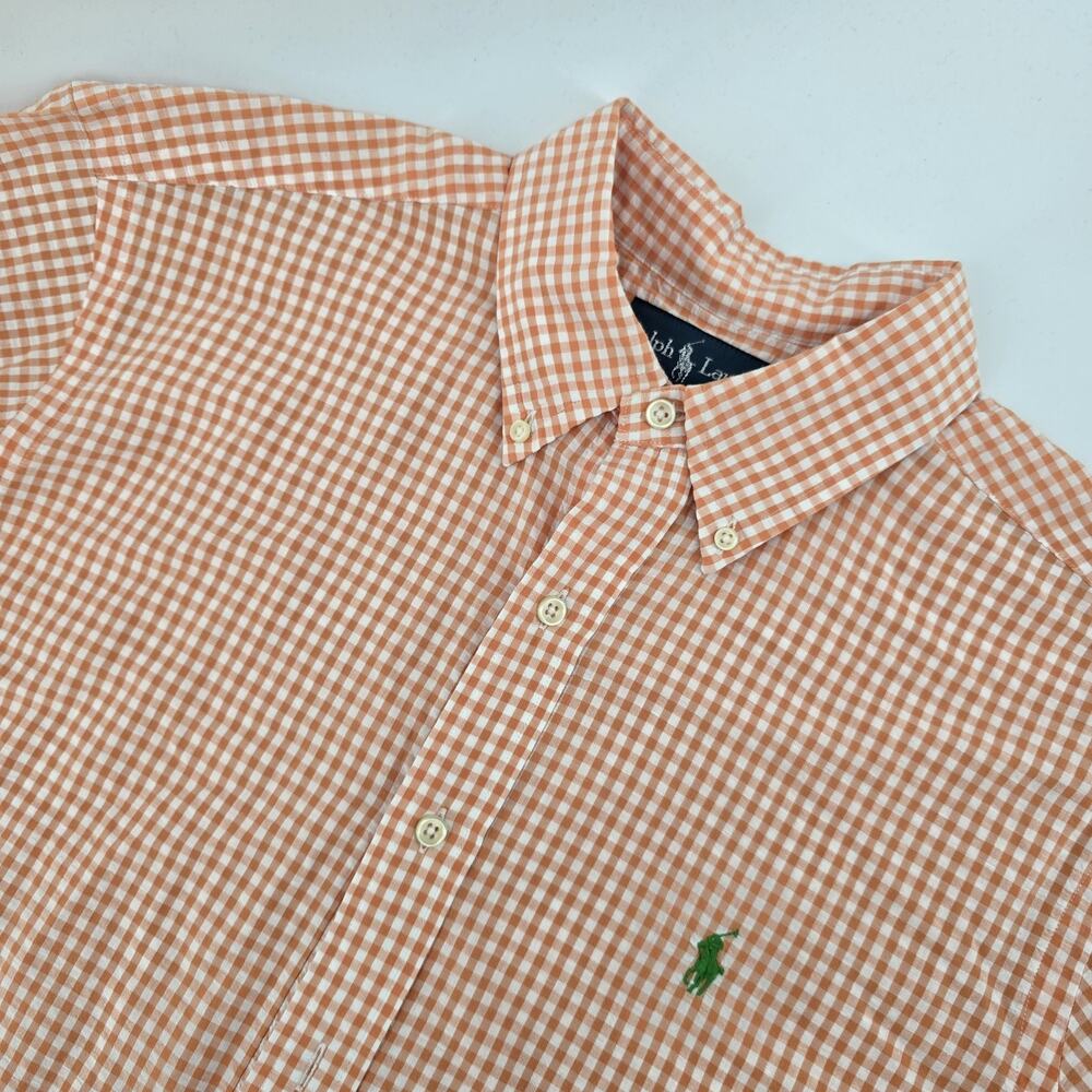 Ralph Lauren Seersucker Shirt Mens L Orange Gingham Check Short Sleeve Button Up